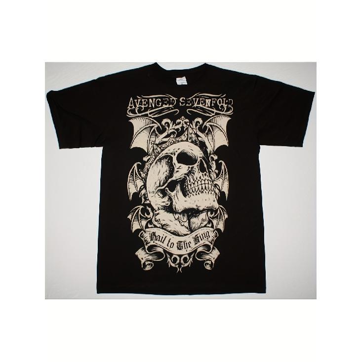 Avenged Sevenfold Official Merchandise: Men's Skull and Bat Wings T-Shirt with Hail to the King Album Art. Black, Loose-fitting, Casual Short-sleeved