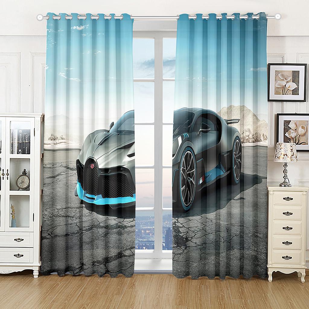 3D Sports Racing Car Printed Window Curtains for Boys Men Adults Scenery Living Room Bedroom Kitchen Semi-Blackout Curtain Drape