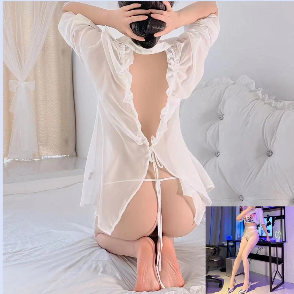 New Sex Underwear Sexy Leaking Back Teasing Perspective Temptation Pajamas Chiffon Shirt Women's Home Set