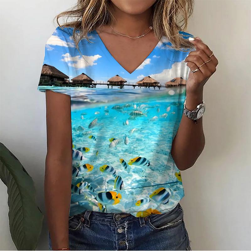Summer V-neck 3D Infauna Printed Top Fashionable Casual Short Sleeved Women's T-shirts