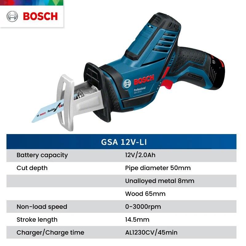 Bosch GSA 12V-LI Сабельная пила 12В Аккумуляторная сабельная пила Перезаряжаемый резак по дереву и металлу с 2 режущими лезвиями 1 литиевая батарея