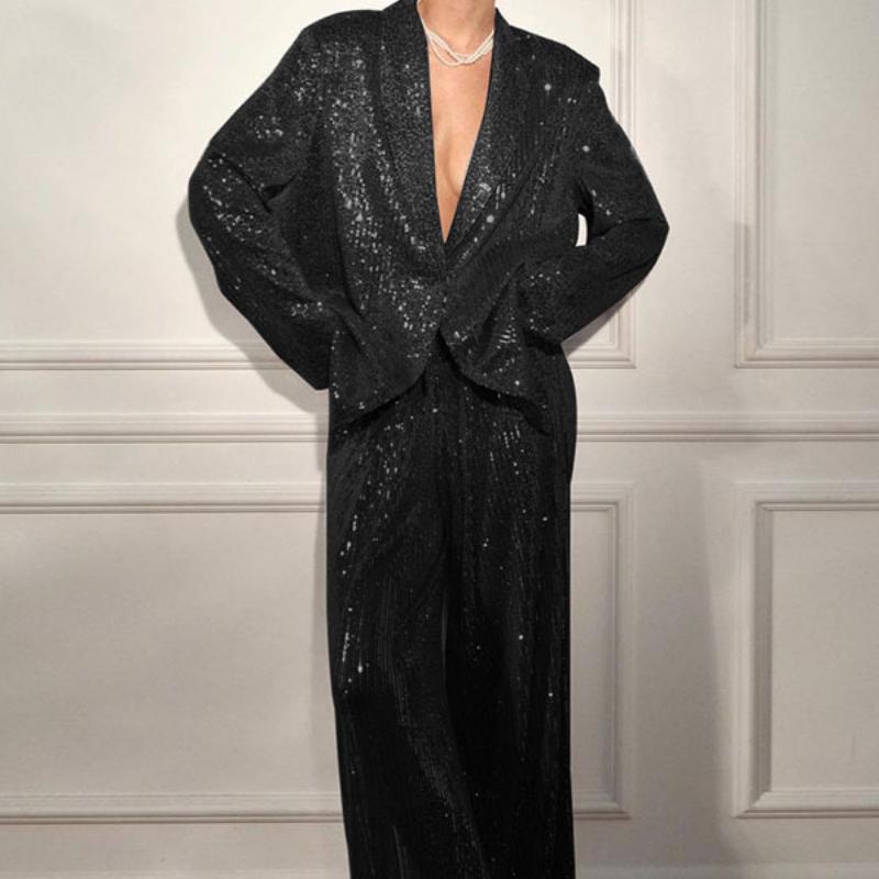 Элегантный пиджак с пайетками и брюками, комплект из 2 предметов, женское блестящее пальто с длинным рукавом и лацканами на одной пуговице, широкие брюки, новый подходящий костюм