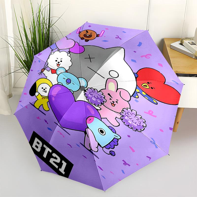 BT21, Мультяшный автоматический складной зонт, Компактная конструкция с 8 ребрами, Уникальный стиль, Подходит для повседневного использования на улице, Идеальный подарок для друзей а