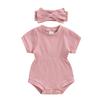 Newborn Girl Outfit, Short Sleeve Crew Neck Solid Bodysuit with Bowknot Headband Summer Clothes