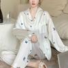 2025 Весна Осень Комплекты из 2 предметов с милым принтом бабочек Женская пижама из искусственного шелка и атласа Пижамный комплект с длинными рукавами Пижама женская Домашняя одежда