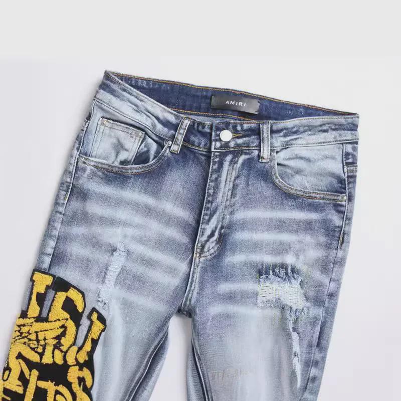 Men's Washed Blue Embroidered Patch Straight Jeans