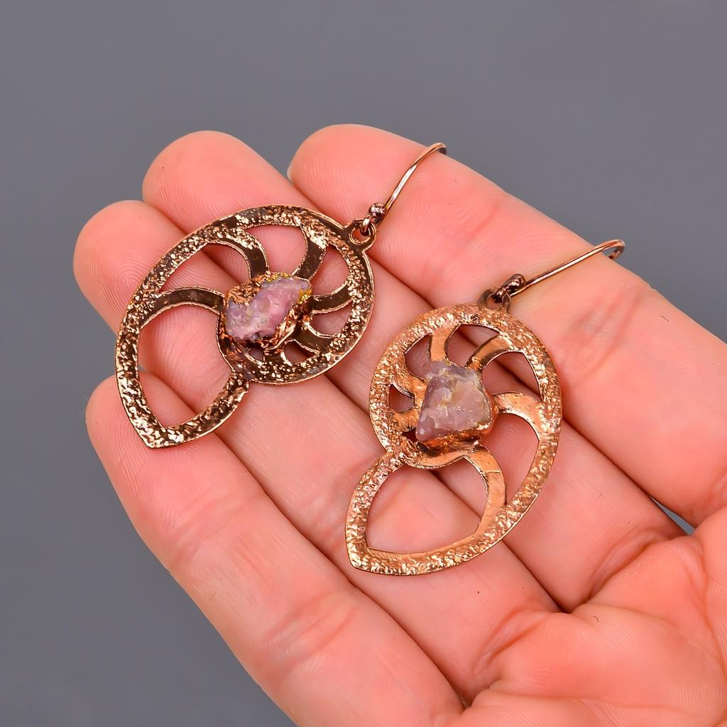 Натуральный розовый сапфир медь висячие серьги подарок дочери гальванопластика ювелирные изделия V-103