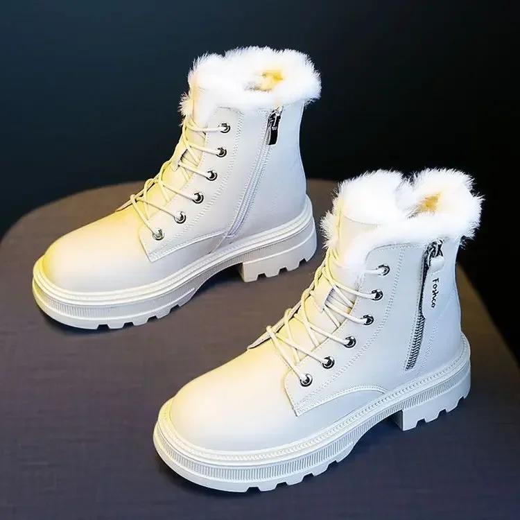 Snow Boots Plush Warm Medium Boots Women's Black and White Winter Thickened Warm Snow Flat Shoes  Mujer