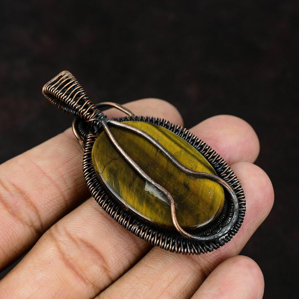 Подвеска из драгоценного камня тигровый глаз, подвеска из медной проволоки, ювелирное изделие из медной проволоки, дизайнерская подвеска ручной работы, подарок для матери, ювелирное изделие из тигрового глаза