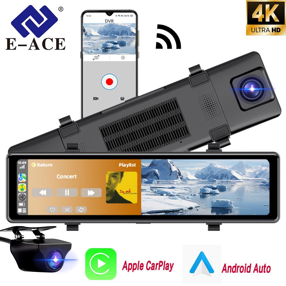 E-ACE 12-дюймовый 4K Carplay&Android Auto Car DVR Dash Cam Stream Mirror Video Recorder 1080P Зеркало заднего вида 5G Wifi/GPS/BT/FM AUX