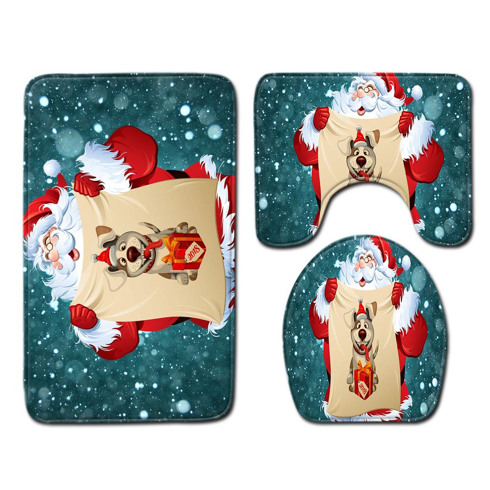 Christmas Shower Curtain Floor Mat Combination Four-Piece Set Bathroom Toilet Carpet Shower Room Mat Foot Mat