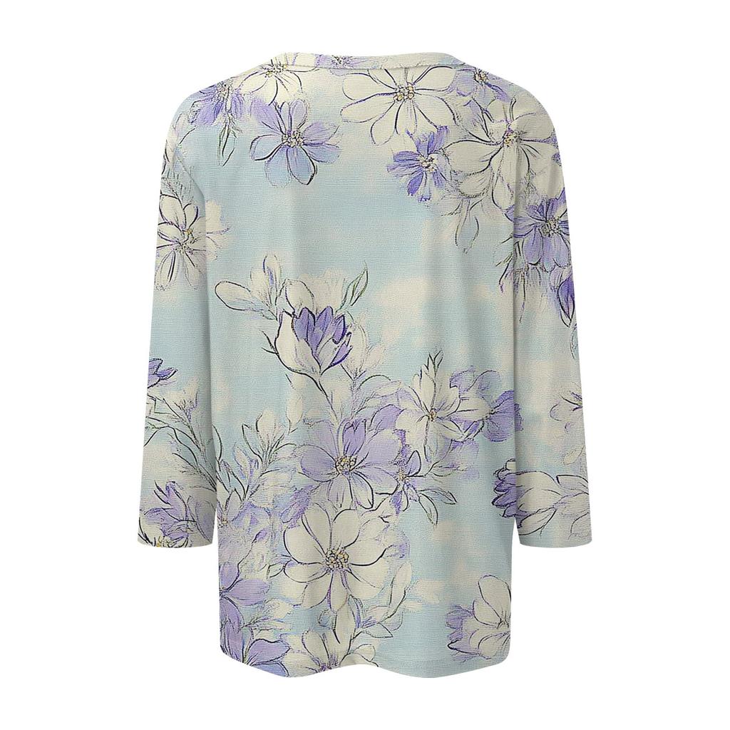 Женская мода повседневная 3/4 рукава цветочный принт пуловер круглый вырез топ повседневная одежда