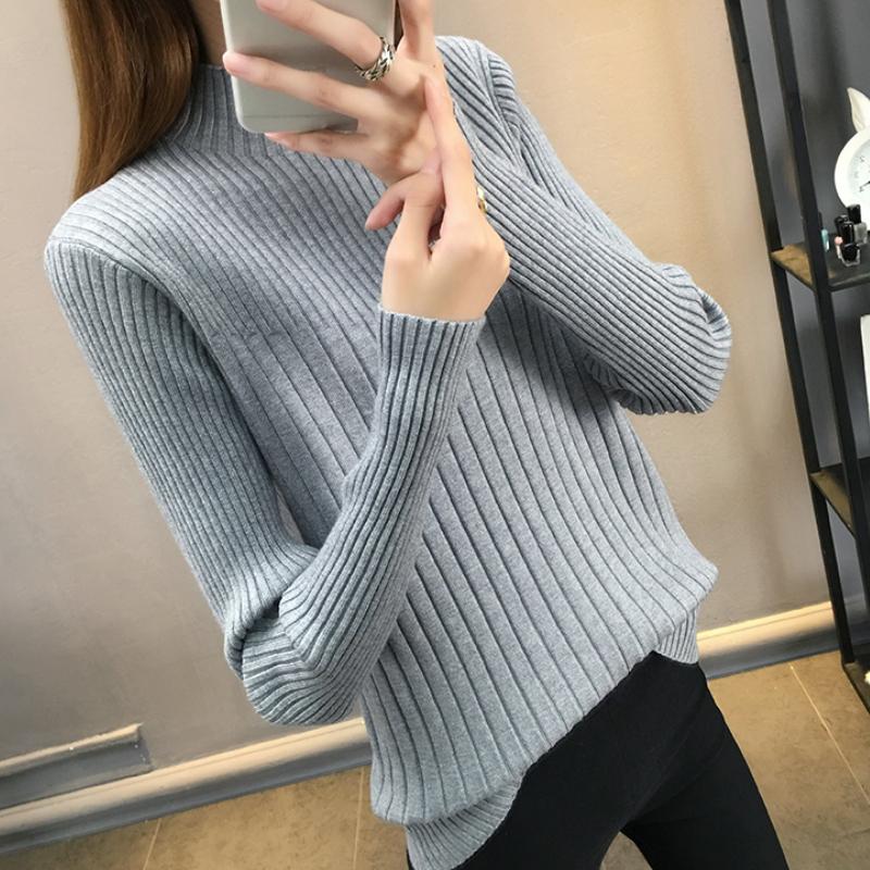 Модный теплый вязаный свитер с полувысоким воротом для женщин, осень и зима, облегающий базовый свитер, женские повседневные однотонные пуловеры с длинным рукавом, топы 25315