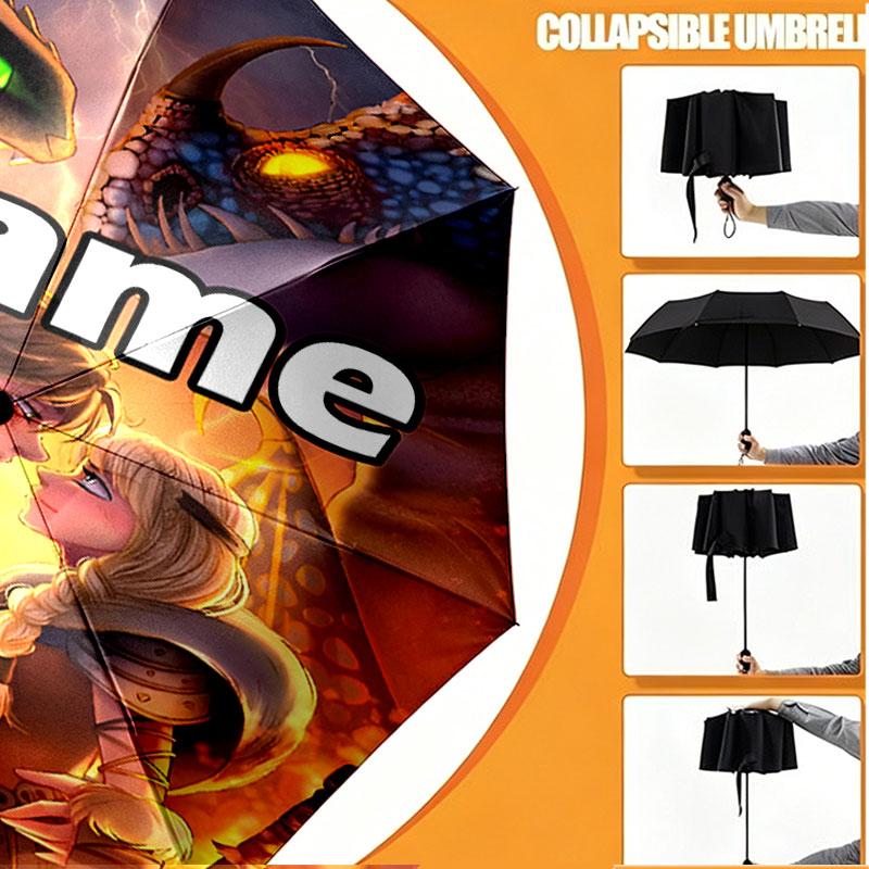 Custom Name Personalized How to Train Your Dragon Print Umbrella, Auto Open Close, 8‑Rib Sturdy Frame, Commute Camping Hiking Use, Birthday Gift