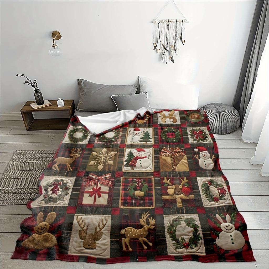 1 шт. Винтажное Рождественское Плед Пэчворк Одеяло – Мягкий и Уютный Фланелевый Материал, Идеально подходит для Дивана, Кровати, Автомобиля, Офиса, Кемпинга