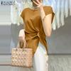 Women Casual Round Neck Solid Color Summer Short Sleeve Blouse