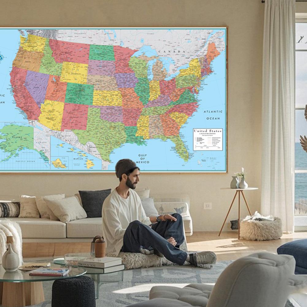 Карта Соединенных Штатов Америки - Административная карта, Безрамная, Для спальни, гостиной, офиса, общежития, Декор для стен с картой мира, Образовательные/Туристические принадлежности