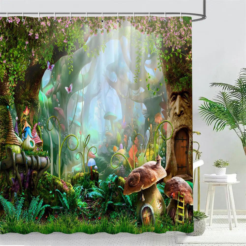 Фэнтезийный Лесной Грибной Домик Занавеска для душа Милый Мультяшный Узор Полиэстеровая Ткань Детская Занавеска для Ванной Декор для Ванной Комнаты С Крючками