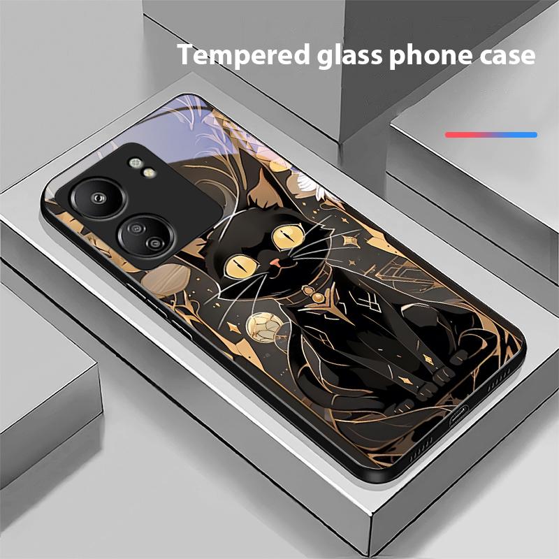 Черный Золотой Кот Для Xiaomi Redmi 13C Note13 12 Pro Plus 5G Note 9 13T Pro POCO X6 F5 F6 Черный Чехол для телефона из закаленного стекла