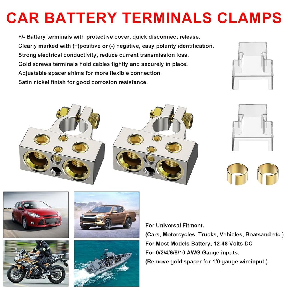 Battery Terminals, 0/2/4/8/10 Gauge Battery Terminal Connectors With Shims And Protective Covers, Suitable For Car, Marine And Truck Conversions