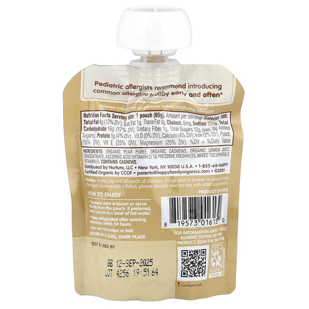 Happy Family Organics Happy Baby®, Nutty Blends™, 6+ Months, Organic Pear and Cashew Butter, 3 Oz (85 G)