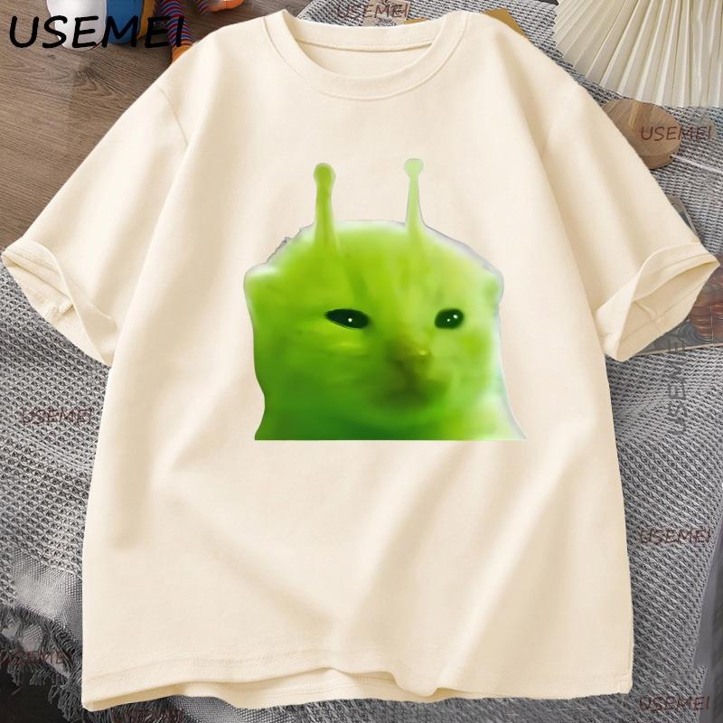 Green Alien Cat T Shirt Women Unisex Cat Meme Tee Glorp Gnarp Cat Brainrot Tshirt Silly Cute TShirt Loose Cotton Short Sleeve