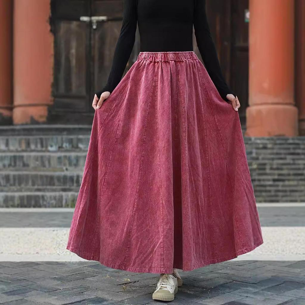 Retro Literary Burnout Cotton Linen Elastic Waist Midi Skirt - Autumn/Winter