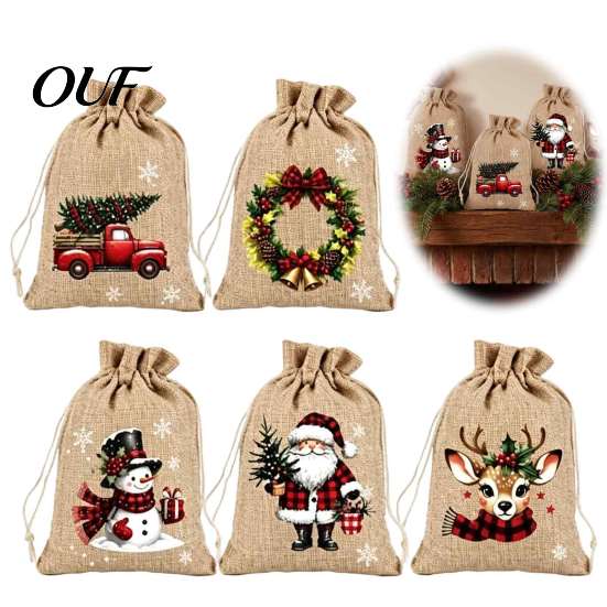 Portable Fabric Gift Holders Christmas Drawstring Bags, Small Festive Prints Burlap Treat Pouches for Durable Polyester Candy Jewelry And Party
