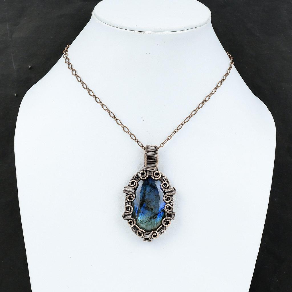 Подвеска из лабрадорита, подвеска из медной проволоки, ручная работа, ювелирные изделия из проволоки, подвеска из настоящего драгоценного камня, потрясающая подвеска из меди для подарков