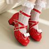 Туфли женские с бантом на низком каблуке в стиле Лолиты, весенние, с ремешком на щиколотке, красные, белые, на каблуке, для офиса, свадебные, женские, большого размера 45