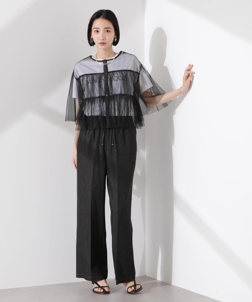 Nano Universe Tulle Tiered F Women's Blouse, 010, Black, 673-5121320