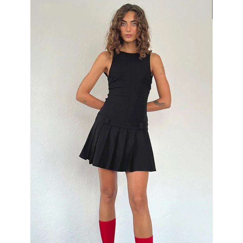 Motel American Vintage Gyaru Preppy Sleeveless Backless Dress Slim Fit Slimming Backless Pleated Black Dress
