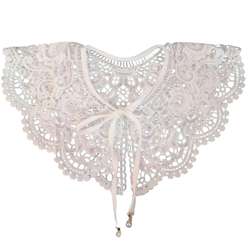 Royal Style Cotton Fake Collar Shawl Wrap Hollow Out Floral Lace Ruffled Trim Necklace Pointed Lapel Blouse Dropshipping