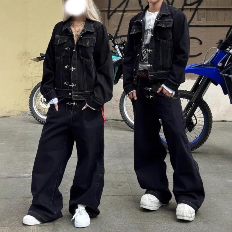 Womens Denim Streetwear Set: Hooded Zip-Up Jacket With Snap Buttons Straight Leg Jeans
