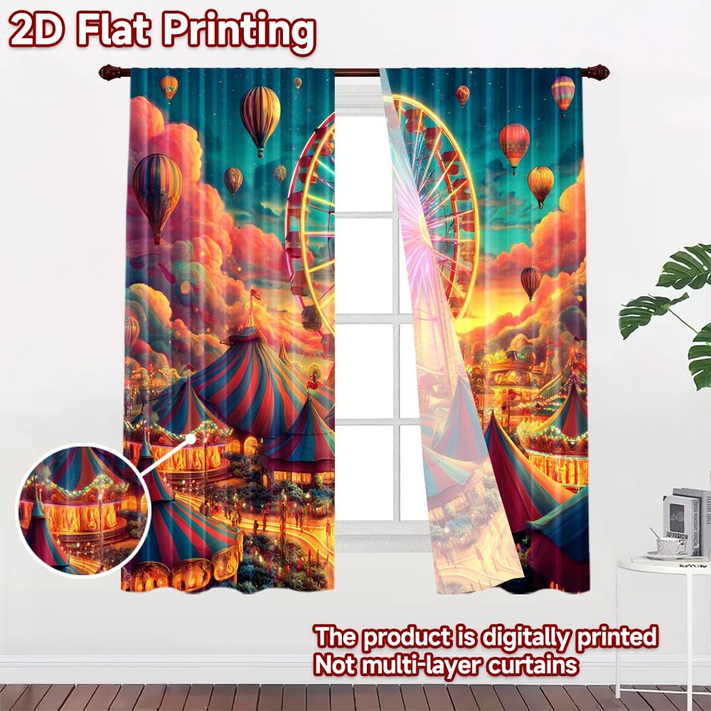 2D flat printing 2pcs Party Curtain Carnival Festival Ferris Wheel Hot Air Balloons Digital Printed Polyester Drapes Festive
