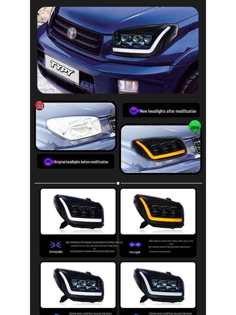 Светодиодная сборка фар с трехглазым проектором и динамическими поворотниками для Toyota RAV4 03-04