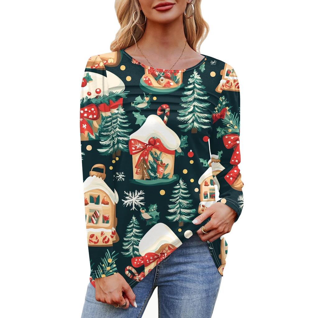 Женская футболка с круглым вырезом и длинными рукавами с принтом рождественской елки и снежинки