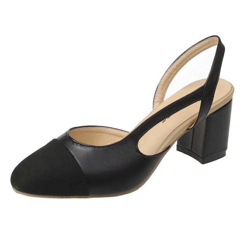 Summer New High-Heeled Square Head Horse Street Buckle Baotou Back Empty Metal Decorative Sandals Casual Leather Ladies Shoes