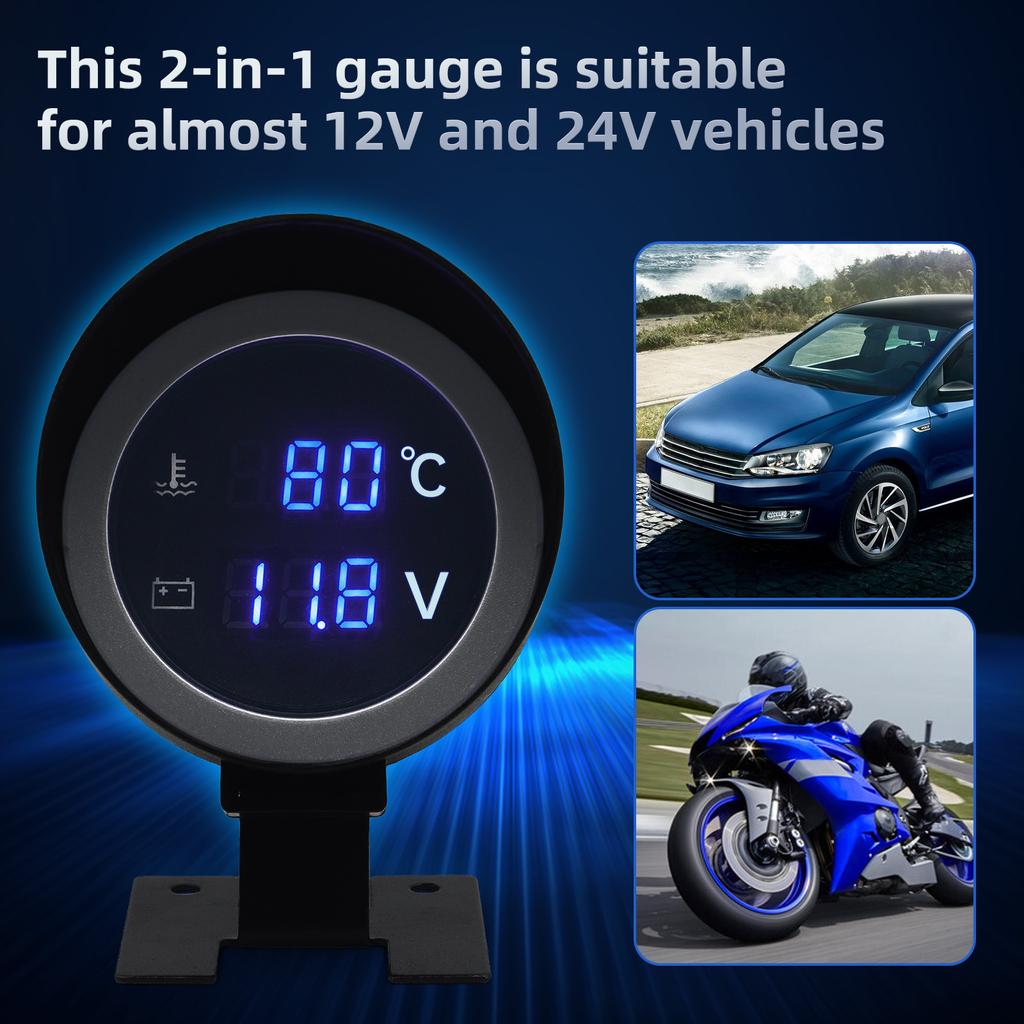 AD 2 in 1 12V 24V Round Led Digital Car Truck Water Temp Gauge Temperature Sensor Temperatura Moto Voltmeter Volt Voltage Meter