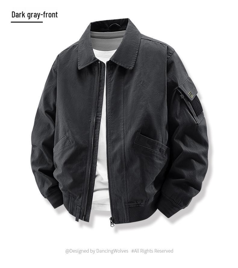 Unisex Casual Cotton Bomber Jacket - Solid Color, Lapel, Spring/Autumn, Loose Fit