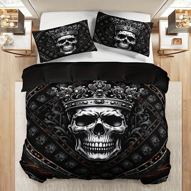 3pcs Skull Crown Pattern Duvet Cover Set, 100% Polyester, Breathable All-Season Bedding, Machine Washable, Digital Print