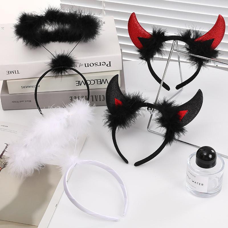 Повязка на голову для Хэллоуина и Рождественской вечеринки с белым пером, рожками ангела и демона, для костюма и праздничного декора