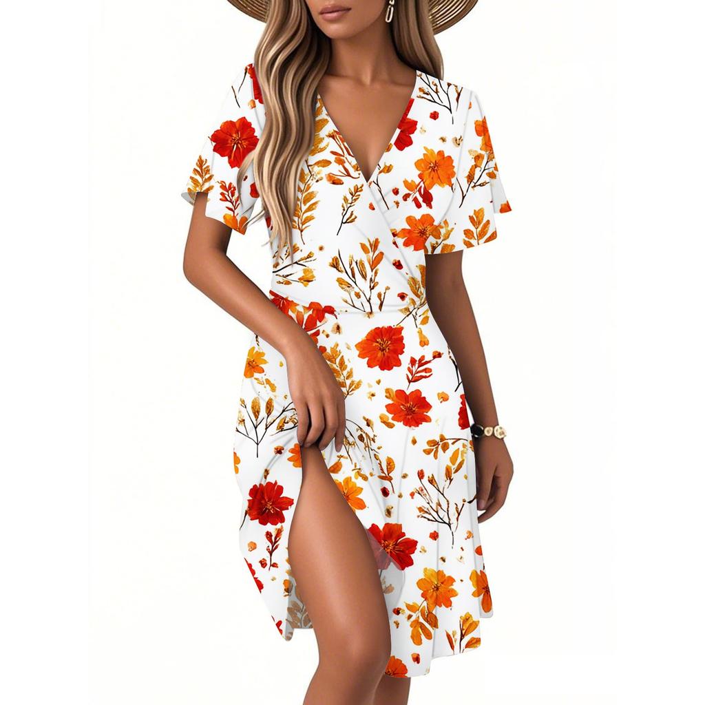 Women's Fashion Short Sleeve Wrap Sundress V-Neck Floral Print Dresses