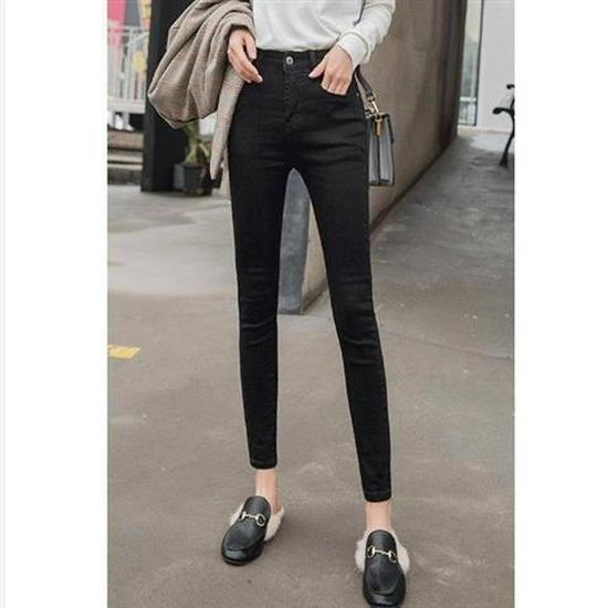 Women's High Waist Black Velvet-Lined Skinny Jeans - Korean Style, Slim Fit, Stretchy Winter Pants