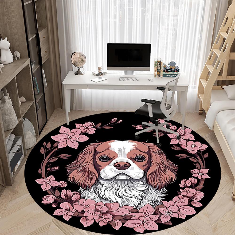 1pc Cavalier King Charles Spaniel Chair Carpet for Office, Round Non Slip Durable Large Size Office Carpet, Suitable for Office