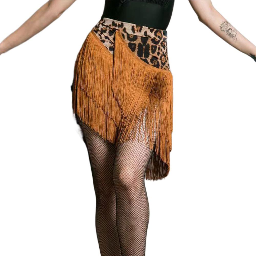 Tassel Latin Dance Skirt Leopard Print Rumba Dance Skirt Fashion Performance Costume  for Women
