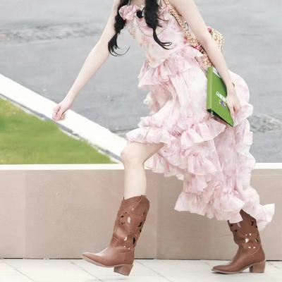 Женские ретро новые полусапожки с квадратным носком и полым голенищем, на толстой подошве, в стиле медиум-локомотив, на толстом каблуке, универсальные западные сапоги