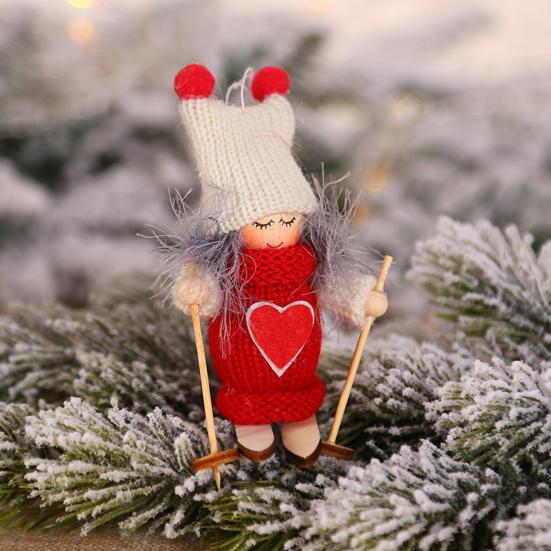 Christmas Ski Girl Doll Handmade Knitted Hat Clothes Reusable Xmas Tree Hanging Gnome Decoration Ornament Pendant Party Holiday Festival Gift