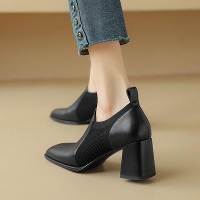 2024 Осень Новые Натуральная Кожа Мягкая Рабочая Обувь Женщин Высокий Каблук Эластичный Квадратный Носок Slip on Коричневый Хаки Каблуки Женщин В Британском Стиле