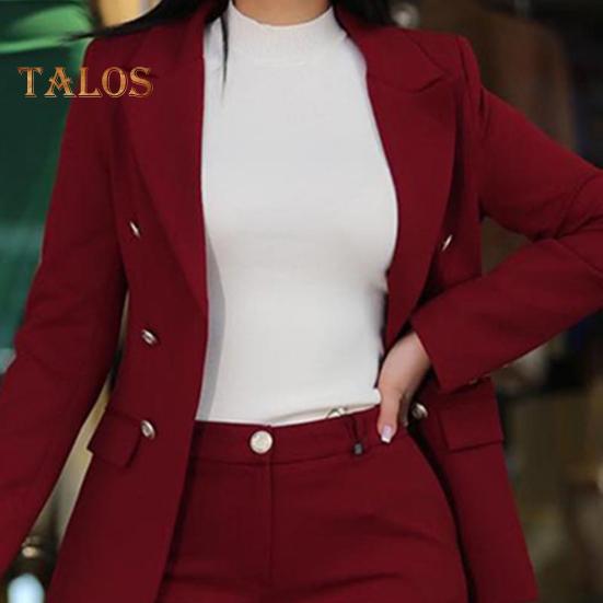 2 шт./комплект женский формальный пиджак брюки комплект с длинными рукавами двойные пуговицы узкий кардиган талия куртка средней длины прямые брюки с высокой талией формальный деловой